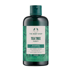 The Body Shop Tea Tree Purifying and Balancing Shampoo bottle for oily hair and scalp.
