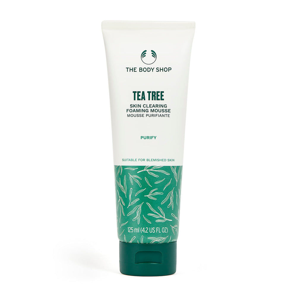 The Body Shop Tea Tree Foaming Cleanser bottle purifies pores and balances oily skin.