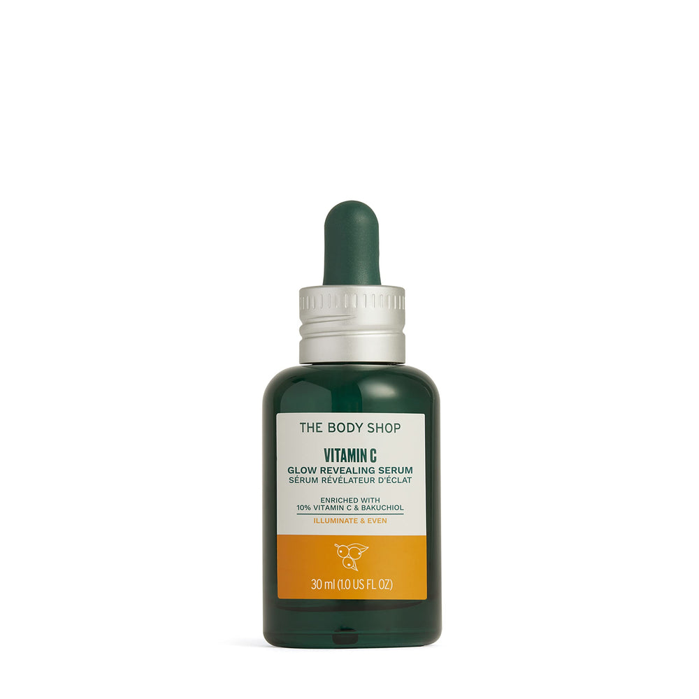 The Body Shop Vitamin C Glow Revealing Serum bottle delivering radiant, even-toned skin