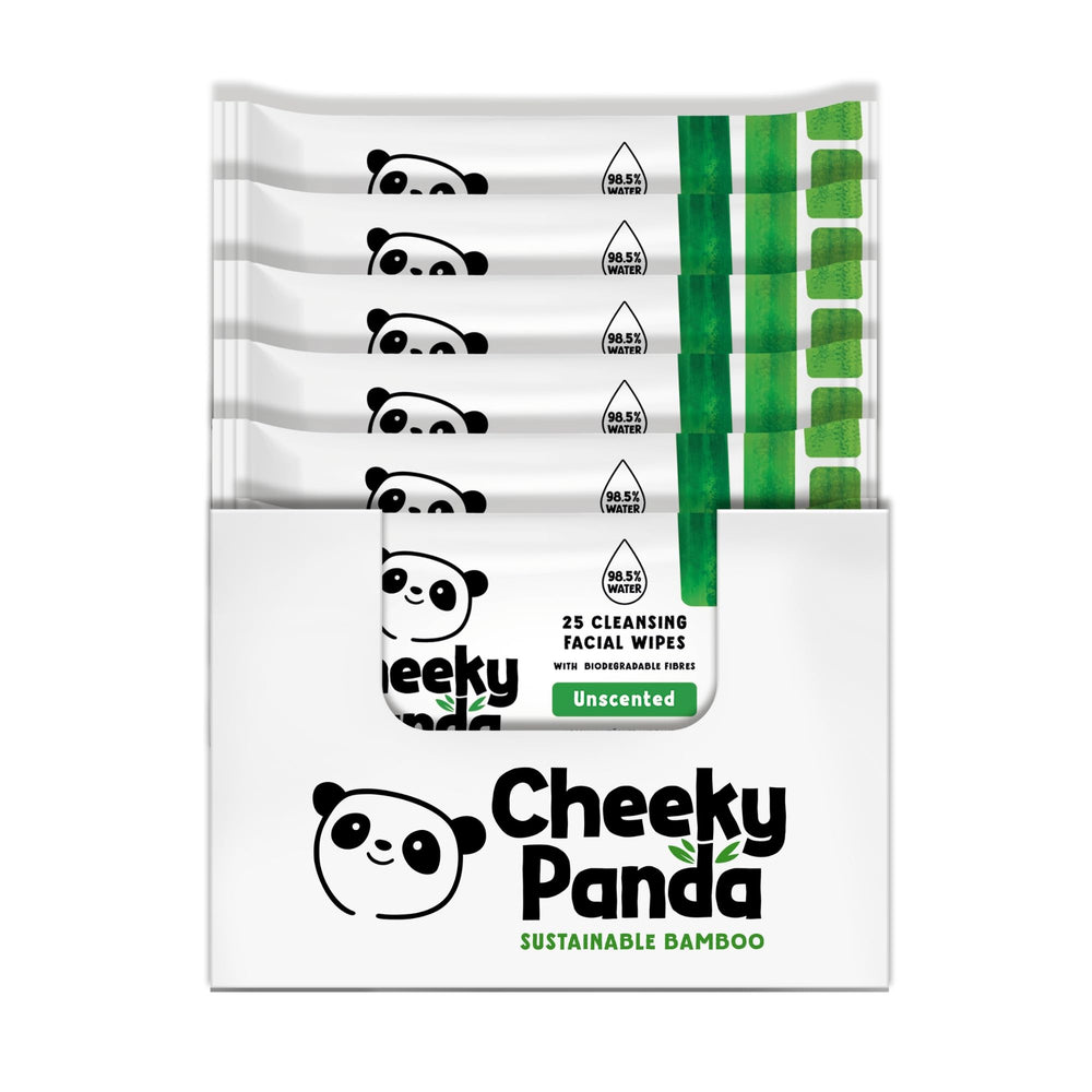 The Cheeky Panda bamboo face wipes pack front, showcasing sustainable packaging for daily makeup removal.