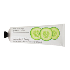 The Cottage Greenhouse cucumber-honey handcreme bottle delivers rich hydration for dry hands.