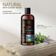 The Crown Choice peppermint lavender bottle label, highlighting natural, sulfate-free formula for gentle cleansing.