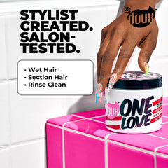 The Doux One Love Co-Wash texture close-up shows creamy slip for detangling.
