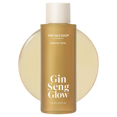 The Face Shop Ginseng Glow Essence Toner bottle close-up highlighting hydration.