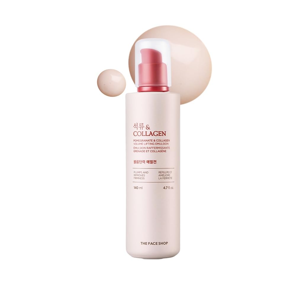 The Face Shop Pomegranate & Collagen emulsion bottle close-up shows premium firmness and hydration.