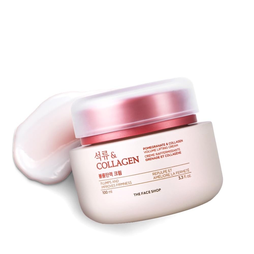 The Face Shop Pomegranate & Collagen eye cream bottle close-up showing hydrating formula for dry skin.