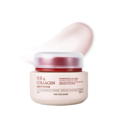 The Face Shop Pomegranate & Collagen Eye Cream bottle close-up for lifting and hydration.