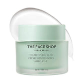 The Face Shop Tea Tree Pore Cream jar closeup, soothing formula for irritated skin.
