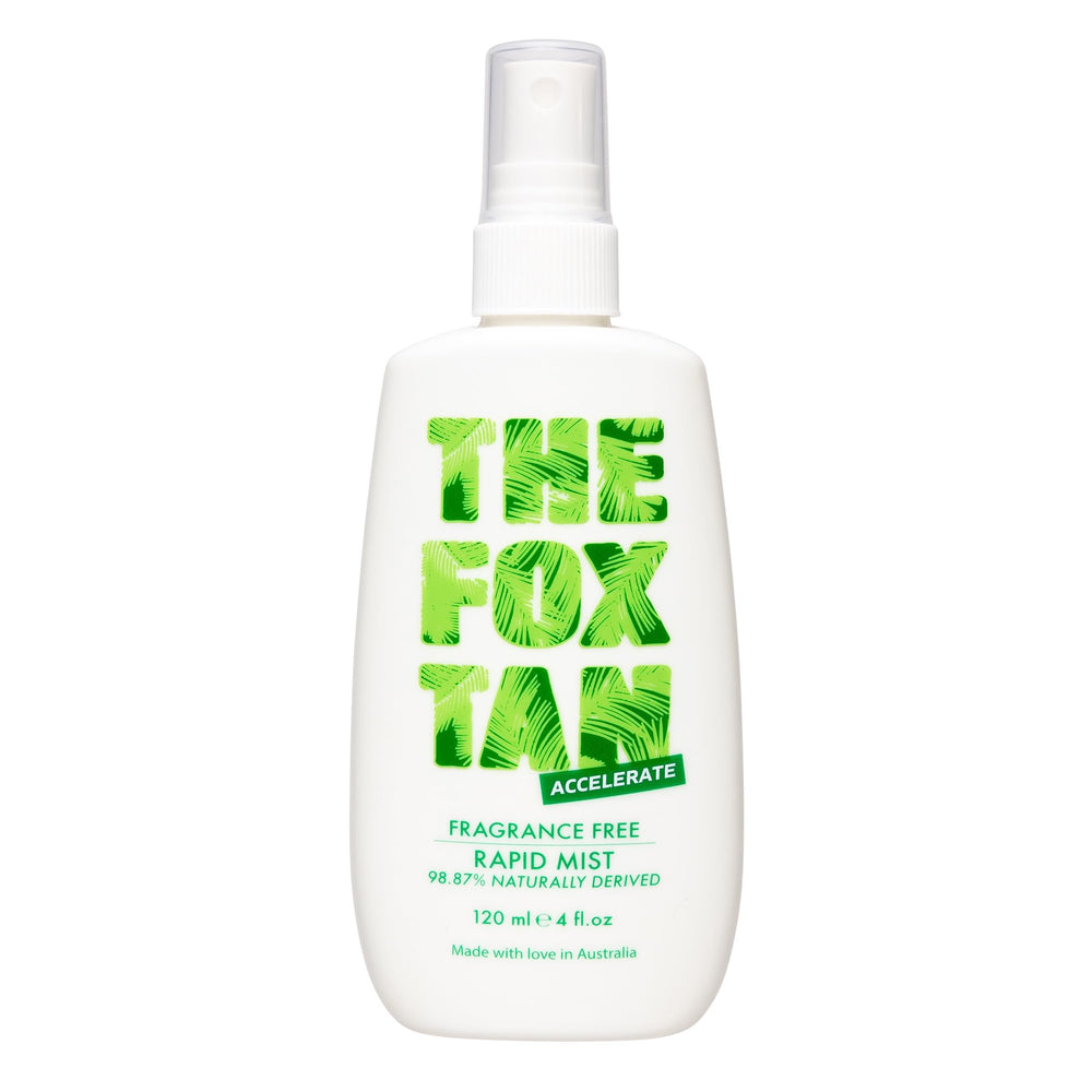 The Fox Tan Rapid Mist bottle front view, fragrance-free design for sensitive skin.