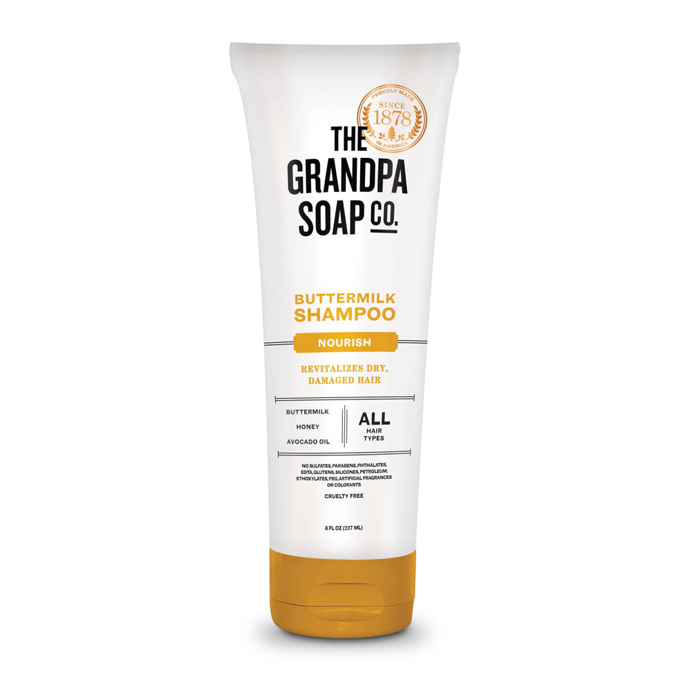 The Grandpa Soap Company Buttermilk Shampoo bottle shows a nourishing formula for soft, manageable hair.
