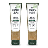 The Grandpa Soap Company Pine Tar Body Wash pours to reveal a cleansing lather for deodorizing freshness.