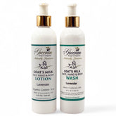 The Grecian Soap Company goat milk lotion pump bottle provides lightweight hydration with lavender scent.