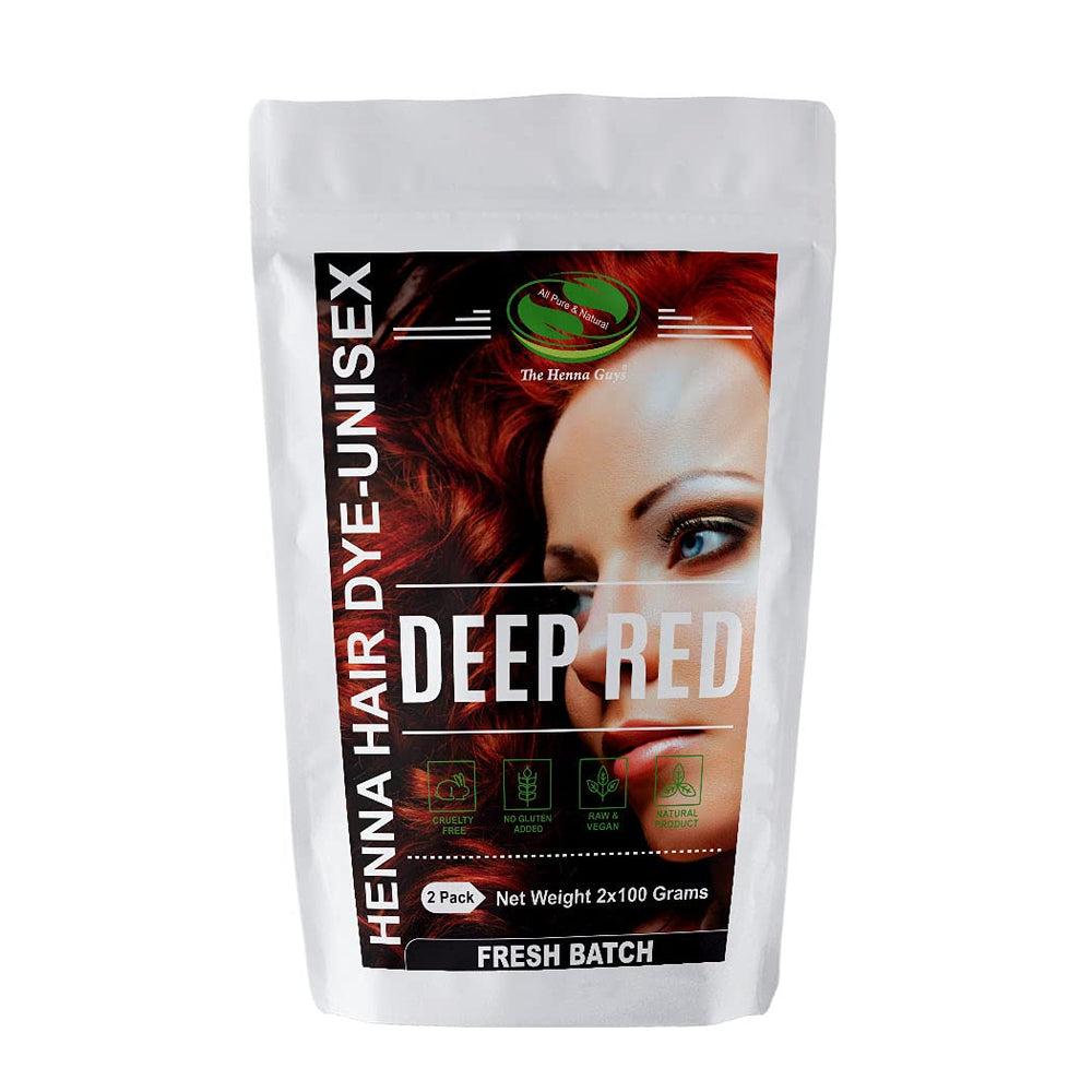 The Henna Guys Deep Red Henna Dye bottle for natural color application.