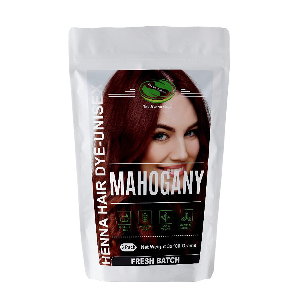 The Henna Guys mahogany dye 3-pack packaging highlights natural color options.