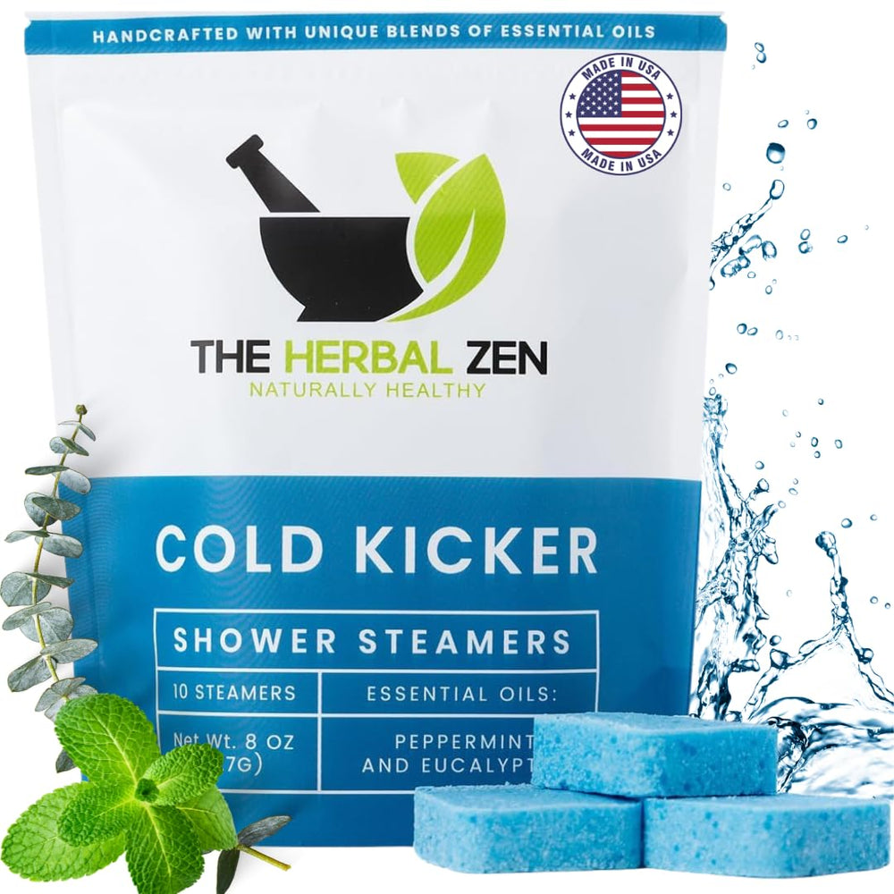 The Herbal Zen Cold Kicker shower steamer with peppermint-eucalyptus scent for clear breathing.