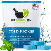 The Herbal Zen Cold Kicker shower steamer with peppermint-eucalyptus scent for clear breathing.