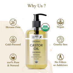 Closeup of The Holly Tree Organic Castor Oil label highlighting purity and organic status