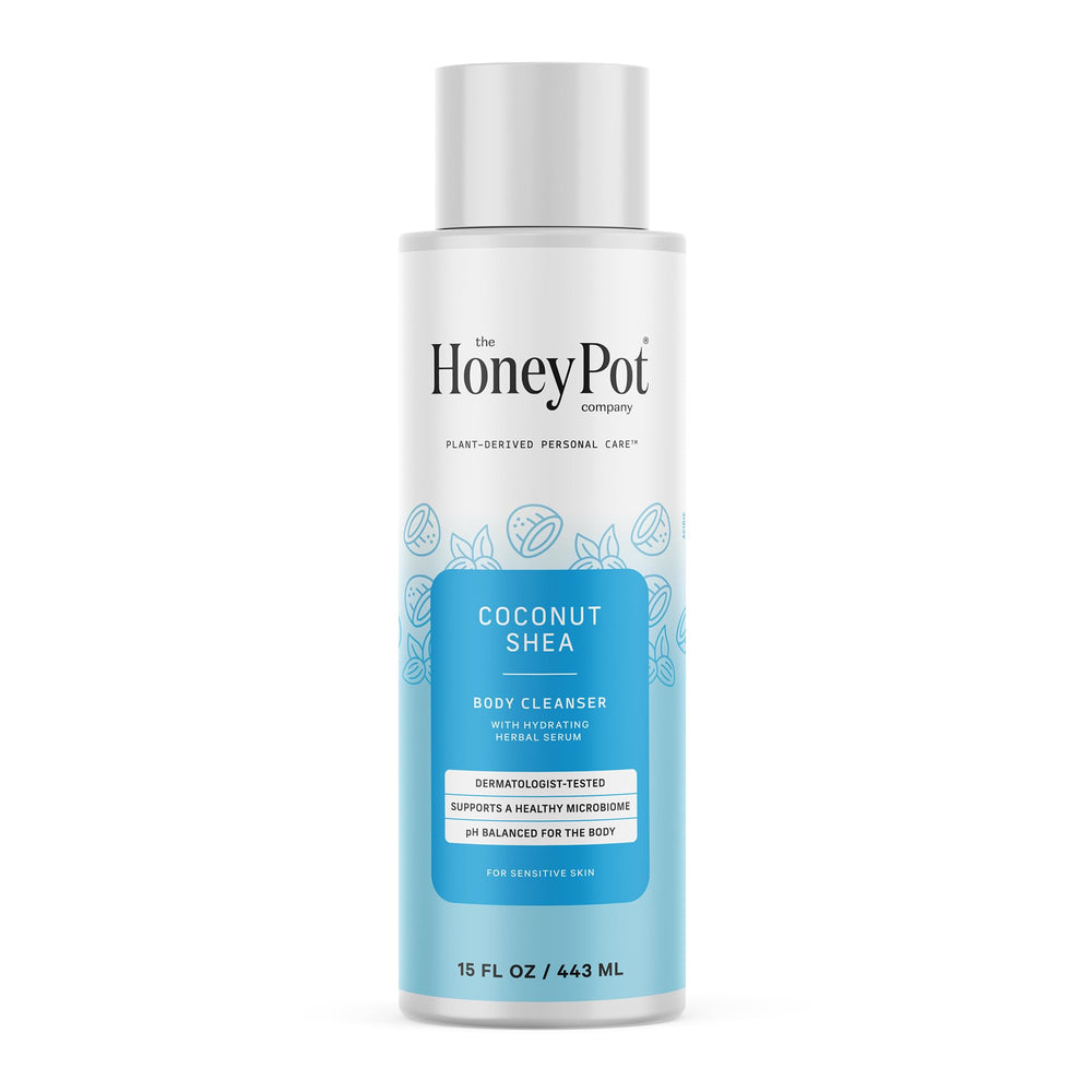 The Honey Pot Coconut Shea Body Cleanser bottle demonstrates hydrating cleanse for daily use.
