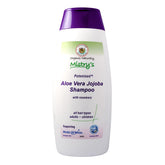 The House of Mistry mistrys organic aloe vera shampoo bottle on a bathroom shelf for daily care.