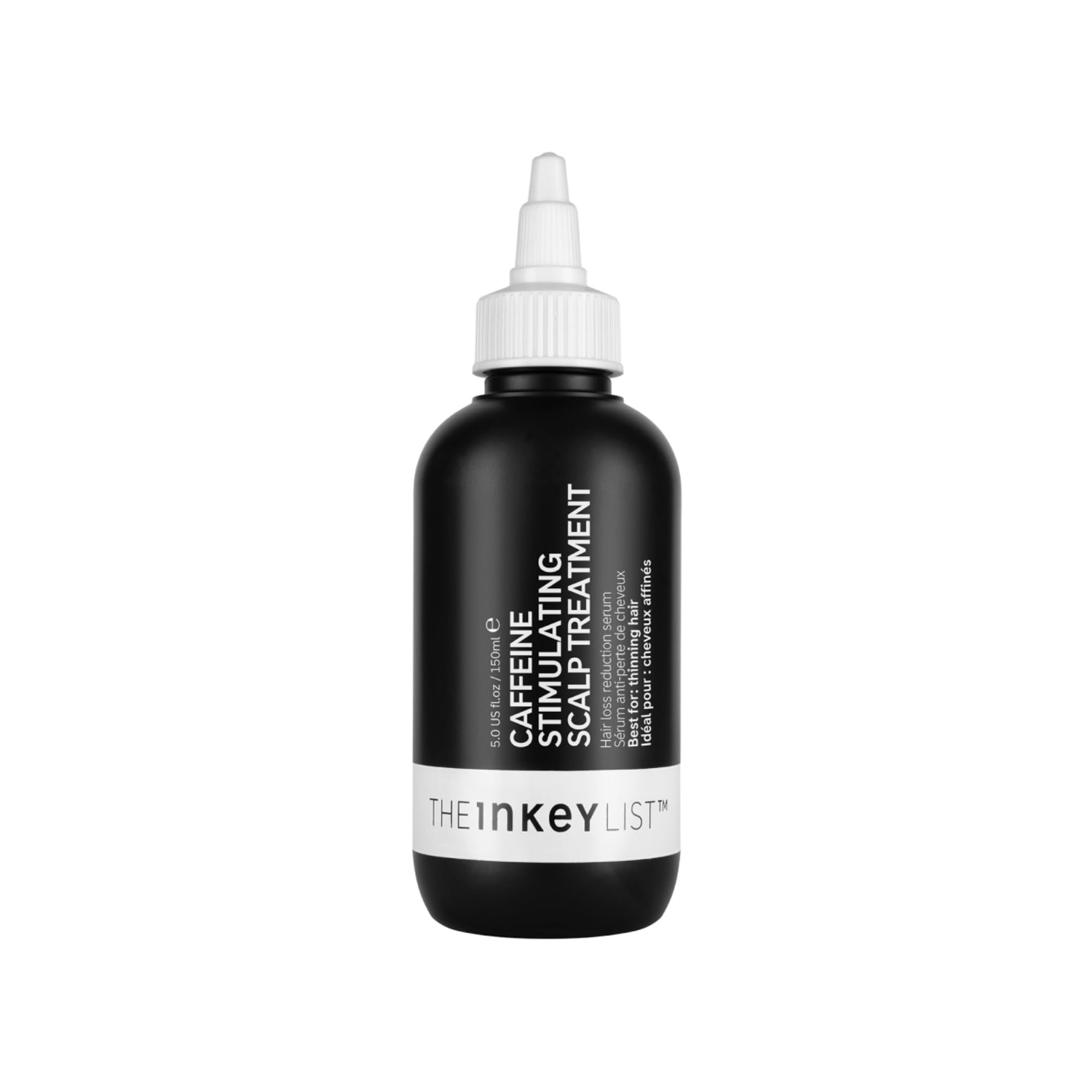 The INKEY List caffeine scalp treatment bottle for stimulating the scalp.