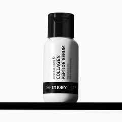 The INKEY List Collagen Peptide Serum bottle closeup highlights a smoothing, hydrating routine for firmer-looking skin.