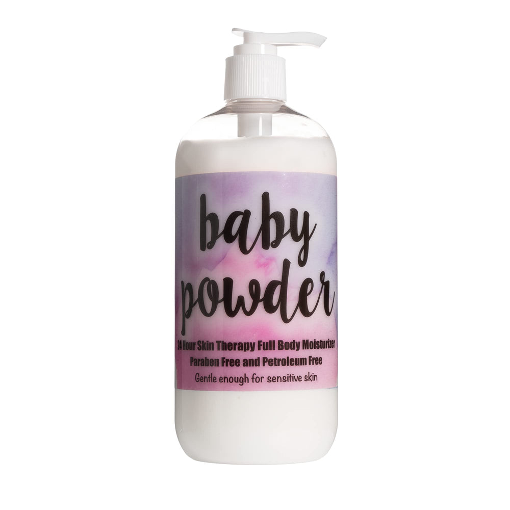 The Lotion Company 24 Hour Skin Therapy lotion bottle with baby powder scent for everyday hydration.