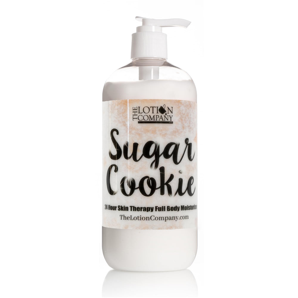 The Lotion Company Sugar Cookie lotion bottle shows comforting scent and all-day moisture.