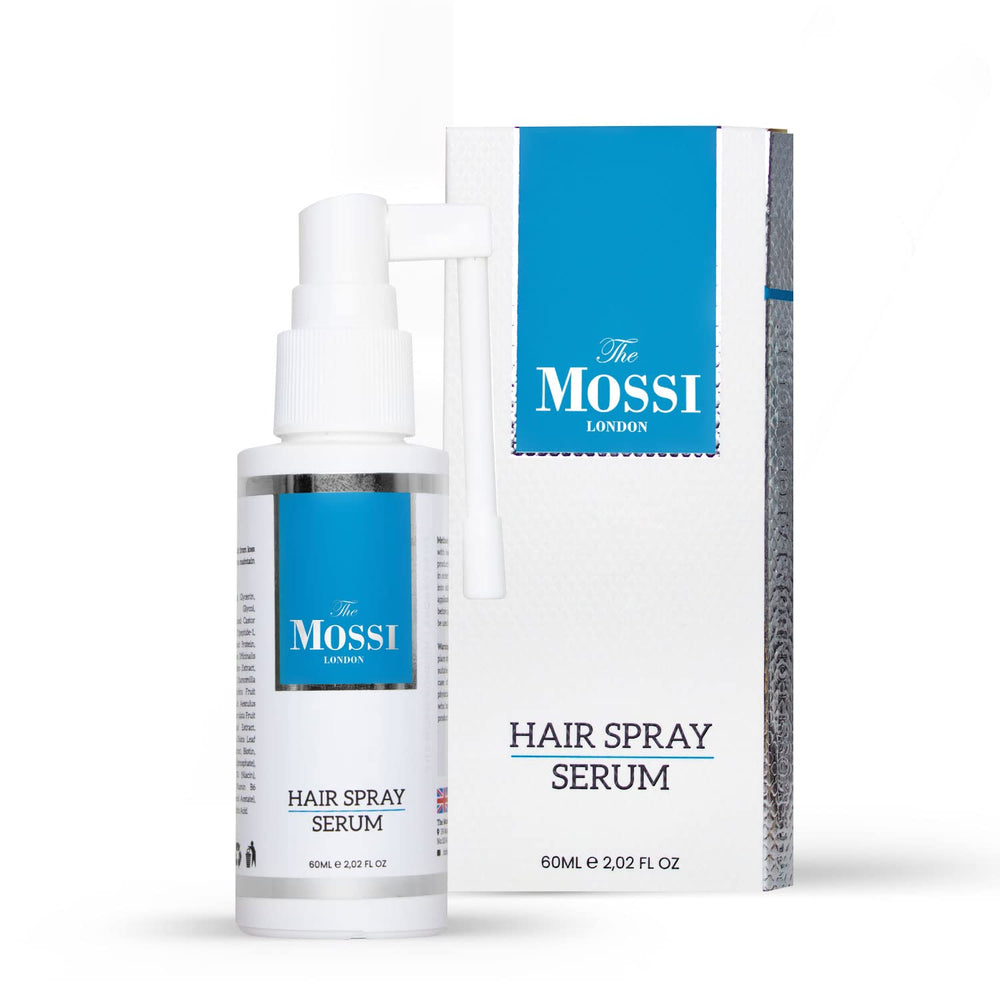 The Mossi London hair spray serum bottle highlights a lightweight formula energizing the scalp.