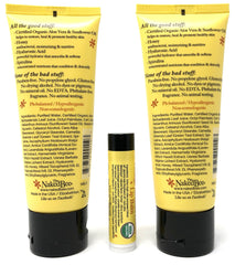 The Naked Bee lip balm tube provides soothing moisture for lips.