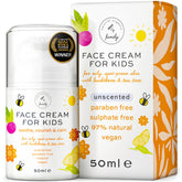 The Natural and Organic Family kids face cream bottle emphasizes a gentle, fragrance-free formula for sensitive skin.