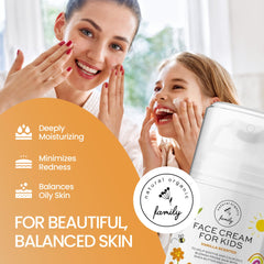 The Natural and Organic Family Kids Face Cream packaging closeup emphasizes vegan formula