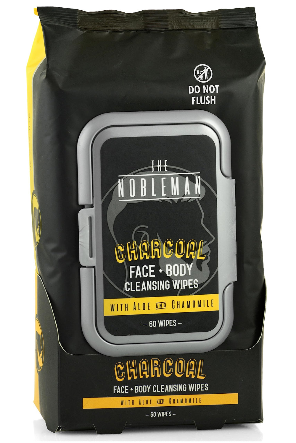 The Nobleman charcoal face and body wipes packaging for on-the-go cleansing.