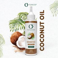 The Organic Forest coconut oil pour showing premium cold-pressed oil for massage