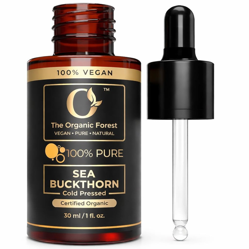 The Organic Forest Sea Buckthorn Oil bottle pour for radiant facial skin