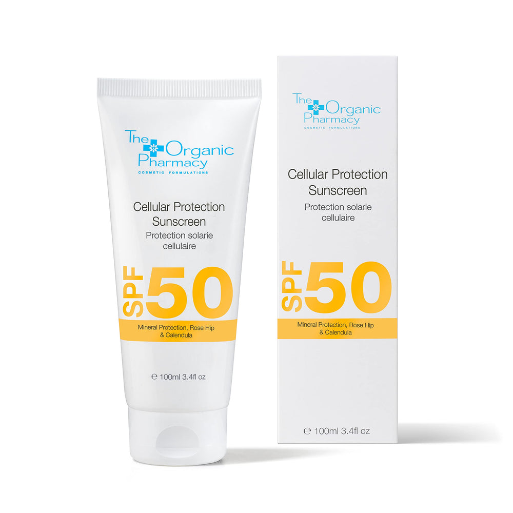 The Organic Pharmacy Cellular Protection Sunscreen SPF 50 bottle closeup showing mineral protection for skin