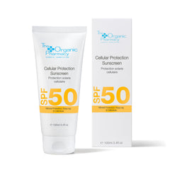 The Organic Pharmacy Cellular Protection Sunscreen SPF 50 bottle closeup showing mineral protection for skin