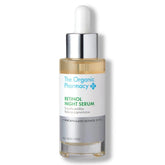 The Organic Pharmacy Retinol Night Serum 30ml bottle shown, supports nighttime renewal for a smoother complexion.