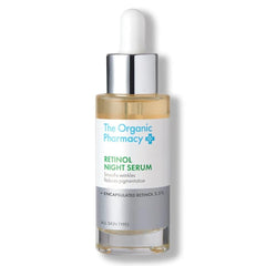 The Organic Pharmacy Retinol Night Serum 30ml bottle shown, supports nighttime renewal for a smoother complexion.