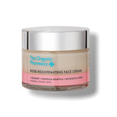 The Organic Pharmacy Rose Rejuvenating Face Cream jar emphasizing hydration and firmer skin