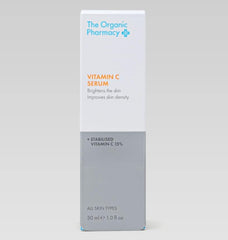 The Organic Pharmacy Stabilised Vitamin C Serum ingredients panel featuring stabilised vitamin C