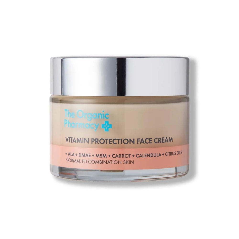 The Organic Pharmacy Vitamin Protection Face Cream bottle for daily use in a skincare routine