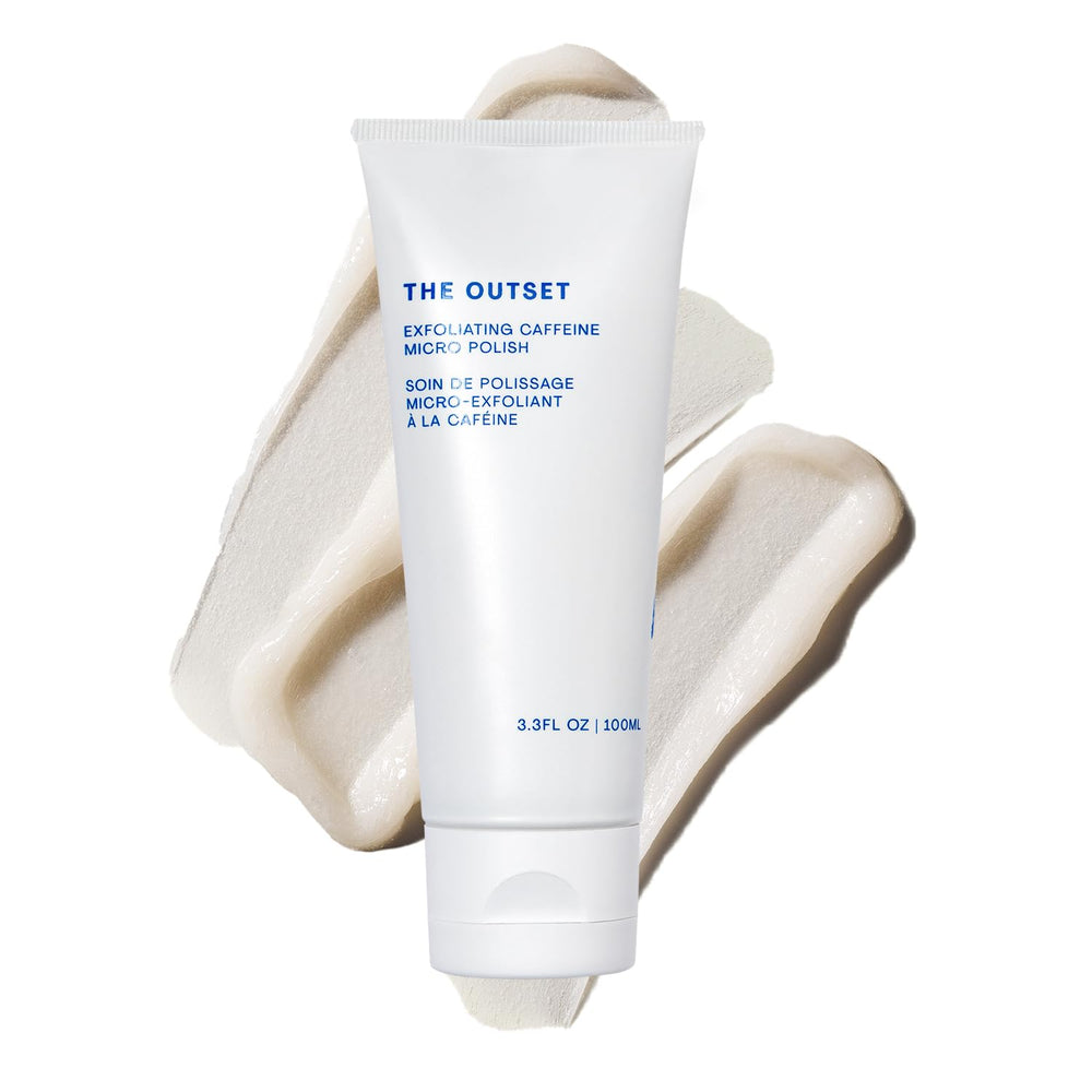 The Outset Exfoliating Caffeine Micro Polish jar shows gentle exfoliation for smoother skin.