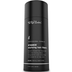 The Rich Barber N’Hance fibers jar closeup for natural coverage and ease of use.