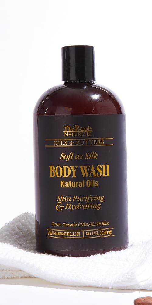 The Roots Naturelle Chocolate Bliss Body Wash bottle front, hydrating vegan cleanse for daily moisture.