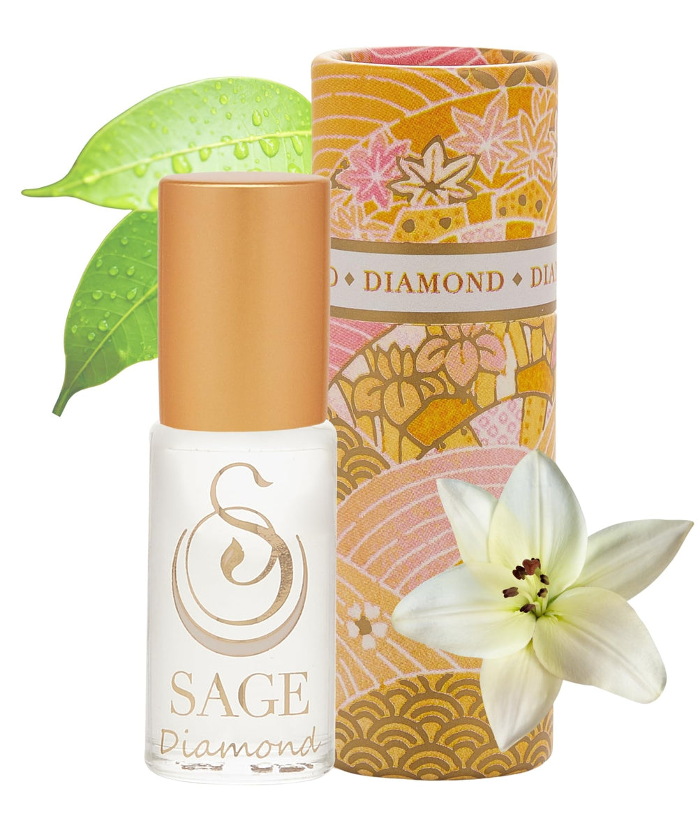 The Sage Lifestyle Diamond Roll-On bottle shows a compact travel-size perfume for daily wear.