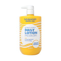 The Seaweed Bath Co. Creamy Coconut Daily Lotion bottle shows all-day hydration in action