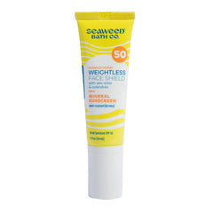 The Seaweed Bath Co. Weightless Face Shield bottle pour for effortless sun protection and hydration.