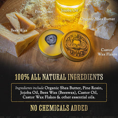 The Vintage Grooming Co. Death Grip pomade label front highlighting scent and ingredients.