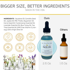 The Yellow Bird Balancing Blue Tansy Oil ingredients closeup highlights calming, clarifying properties.