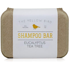 The Yellow Bird eucalyptus tea tree shampoo bar packaging showcases zero-waste design.